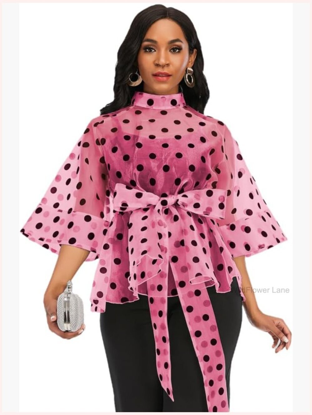 Stand Collar Polka Dot See Through Front Tie Peplum Blouse